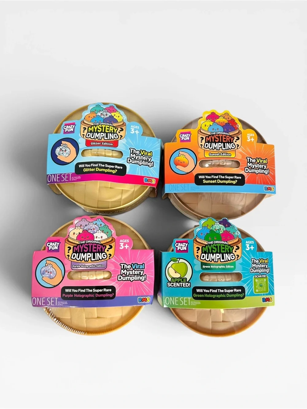 Crazy Fun RMS Mystery Dumpling Squishy 4 Pack Holographic Glitter Sunset NEW